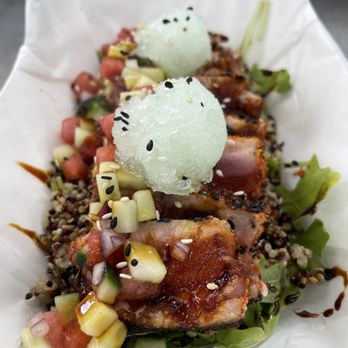 Black Cat Kitchen - Ahi Tuna Tataki over Quinoa, Watermelon Salsa, Gilbert's Dill Pickle Sorbet - Food Trucks Near Me - Pawleys Island, South Carolina