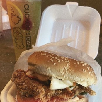 Cuckoos Cafe - Taiwanese Chicken Sandwich and Peach Sunset (think sprite with peach flavor and lemons and strawberries) - Taiwanese Near Me - Duluth, Georgia