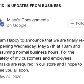 Misty's Consignments - Google announcement by Misty Davis on her commitment to the wearing of masks in her consignment shop. - Used, Vintage & Consignment Near Me - Rancho Mirage, California Misty's Consignments - Google announcement by Misty Davis on her commitment to the wearing of masks in her consignment shop. - Used, Vintage & Consignment Near Me - Rancho Mirage, California