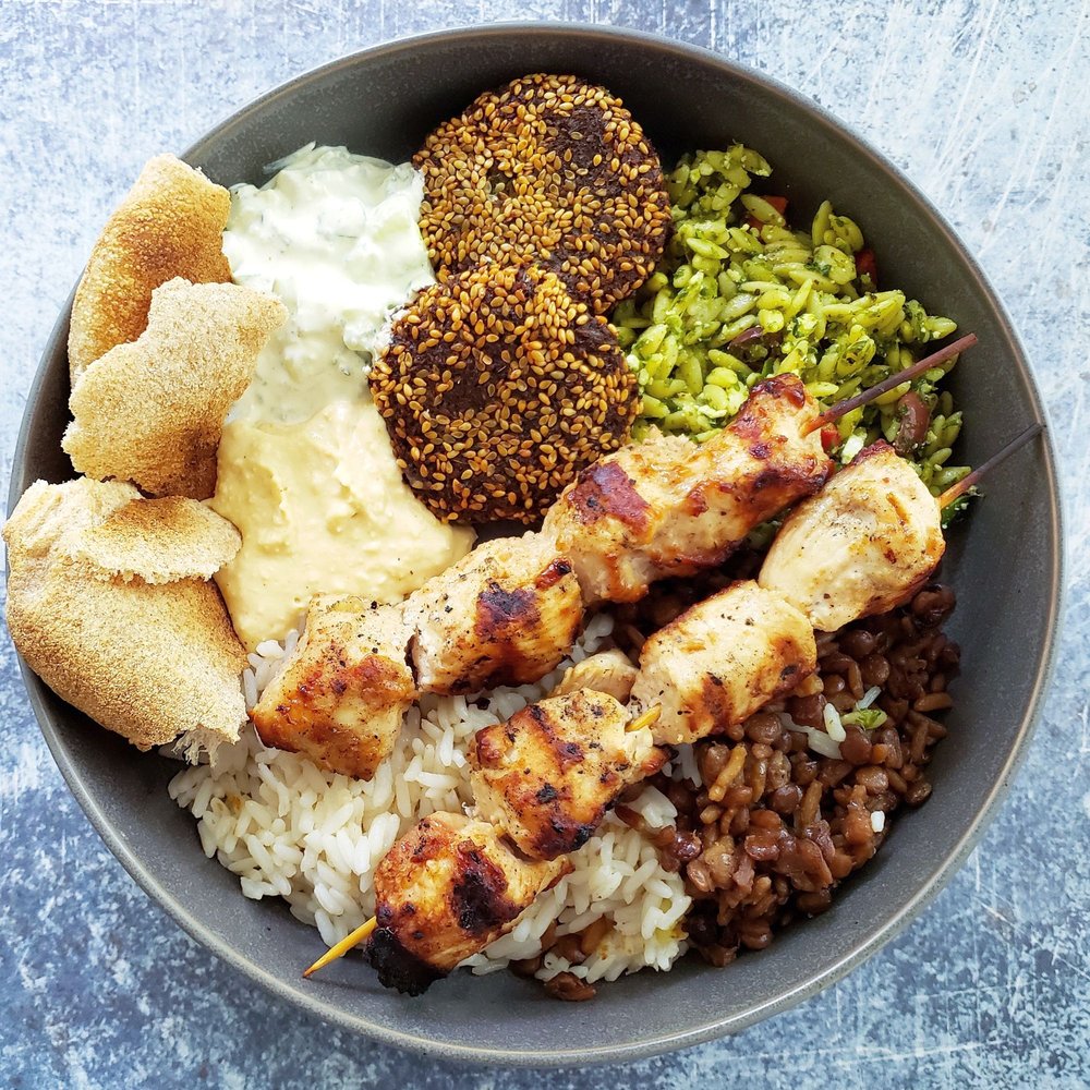 Sassool - Hummus, tzatziki, orzo pasta salad, mjadarah, chicken kabob, rice and pita - Mediterranean Near Me - Cary, North Carolina Sassool - Hummus, tzatziki, orzo pasta salad, mjadarah, chicken kabob, rice and pita - Mediterranean Near Me - Cary, North Carolina