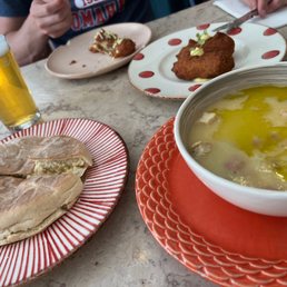 Garlic bread, cod fish croquettes, soup of the day Garlic bread, cod fish croquettes, soup of the day