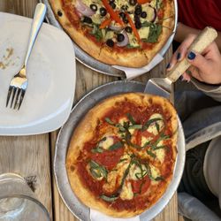 Jackie O's Brewpub - Margherita pizza and veggie pizza, crust wasn't too thin or too thick but just right. Toppings were fresh and generous.