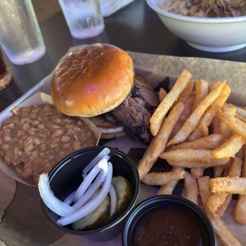 Ivar's River Pub - Brisket BBQ Plate with Seasoned Fries and their Pulled pork baked beans - American Near Me - San Marcos, Texas
