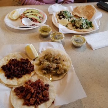  Super Taco - Chorizo, Al Pastor, and Chile Verde plain tacos. Wife got Ceviche de Camaron and 2 Carne Asada Tacos - Mexican Near Me - Woodlake, California