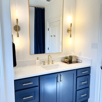 Revive Design - Guest Bathroom Design. Custom Cabinets, light fixtures, mirror, faucet, countertop, and accessories were selected for this space. - Interior Design Near Me Revive Design - Guest Bathroom Design. Custom Cabinets, light fixtures, mirror, faucet, countertop, and accessories were selected for this space. - Interior Design Near Me