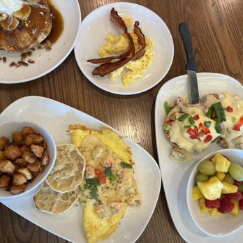 Another Broken Egg Cafe - Bourbon pancakes, lobster and Lobster & Brie Omelette and Crab Cake Benedict - Breakfast & Brunch Near Me - Shreveport, Louisiana