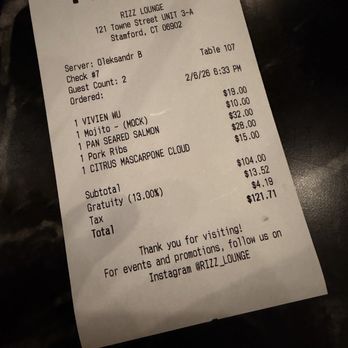 RIZZ Lounge & Grill - Our check with the incorrect pricing - American Near Me - Stamford, Connecticut RIZZ Lounge & Grill - Our check with the incorrect pricing - American Near Me - Stamford, Connecticut