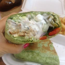 Great Wraps - Falafel Hummus Wrap with no tomatoes, extra jalapeños, & extra tzatziki!