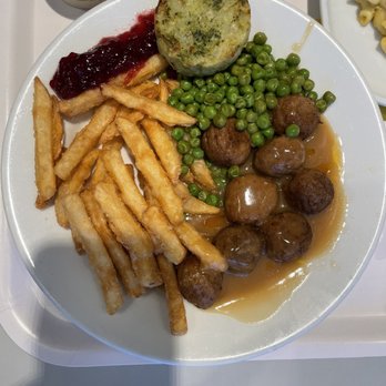 IKEA - Plant Based Vegan Balls with fries, green peas and lingonberry jam. The broccoli round is not vegan - Desserts Near Me - Burlington, Ontario