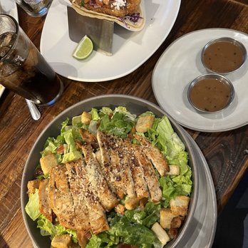 Fusion Grill & Bar - Fish Taco, Caesar Salad with balsamic dressing. - Burgers Near Me - Katy, Texas Fusion Grill & Bar - Fish Taco, Caesar Salad with balsamic dressing. - Burgers Near Me - Katy, Texas