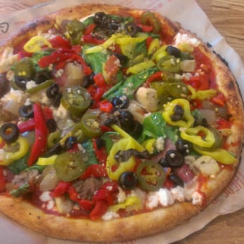 Blaze Pizza - Spicy red sauce with goat/ricotta/gorganzola cheese, chicken, sausage, salame, roasted red peppers, jalapenos and more!! - Pizza Near Me - Pasadena, California Blaze Pizza - Spicy red sauce with goat/ricotta/gorganzola cheese, chicken, sausage, salame, roasted red peppers, jalapenos and more!! - Pizza Near Me - Pasadena, California
