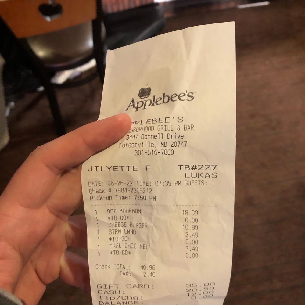 Applebee's Grill + Bar - The receipt - American Near Me - Forestville, Maryland