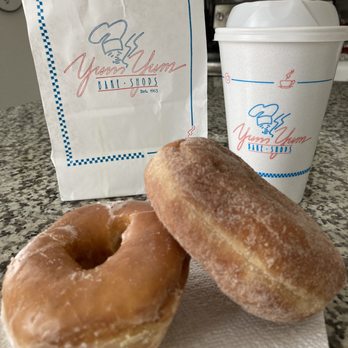 Yum Yum Bake Shops - Glazed and cinnamon fastnachts ($1.25 each) + Med coffee ($1.89) - Donuts Near Me - Colmar, Pennsylvania Yum Yum Bake Shops - Glazed and cinnamon fastnachts ($1.25 each) + Med coffee ($1.89) - Donuts Near Me - Colmar, Pennsylvania
