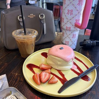 Burnt Crumbs - Strawberry cream with fresh strawberries soufflé pancakes and Vietnamese coffee - New American Near Me - Irvine, California