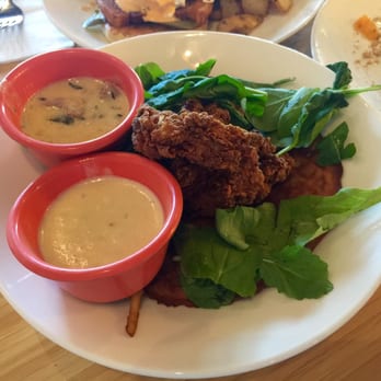 Early Bird - Chicken and waffle with gravy on the side (and a side of cream corn) - New American Near Me - Fullerton, California