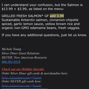Silver Diner - Careless response, not looking into the issue or fixing the issue. Poor attitude, poor customer service.  Has not responded to other calls. - New American Near Me - National Harbor, Maryland