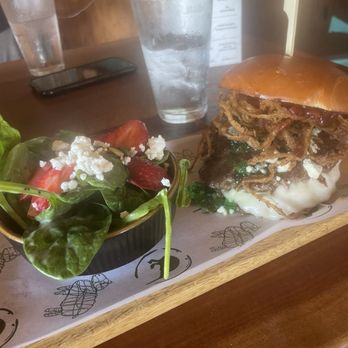 Bare Back Grill - Lamb smash with strawberry fields salad - Bars Near Me - San Diego, California Bare Back Grill - Lamb smash with strawberry fields salad - Bars Near Me - San Diego, California