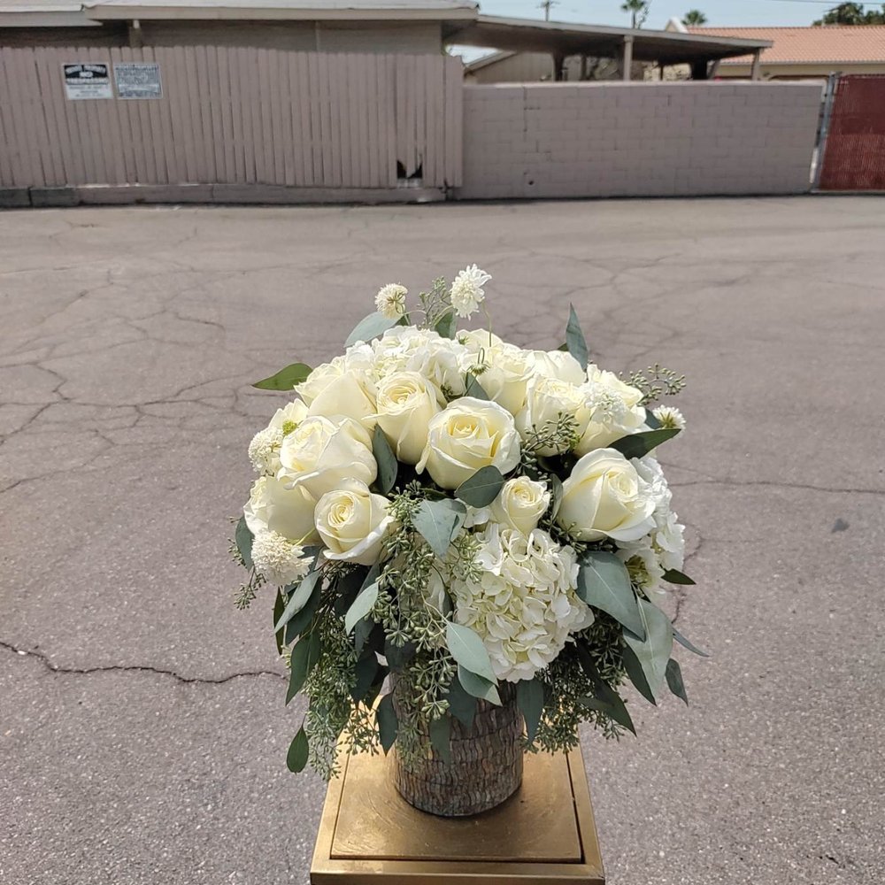 Little Bee Flowers - White arrangement with seeded eucalyptus in a beautiful iridescent green vase - Florists Near Me - Glendale, California
