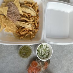 Chicken Tacos, Cilantro & Onions, Green Mild Salsa, Beans and Chips and Hot Carrots! Chicken Tacos, Cilantro & Onions, Green Mild Salsa, Beans and Chips and Hot Carrots!