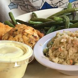 Twin Silos - Crab cakes, green beans, and coleslaw. TarTar sauce pictured bottom left