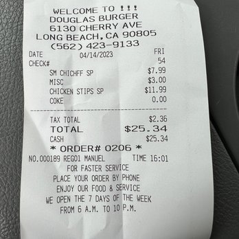 Douglas Burgers - a receipt on the back of a car - Burgers Near Me - Long Beach, California Douglas Burgers - a receipt on the back of a car - Burgers Near Me - Long Beach, California