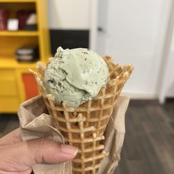 Cherry & Bark - Half a scoop of mint chocolate chip in a waffle cone