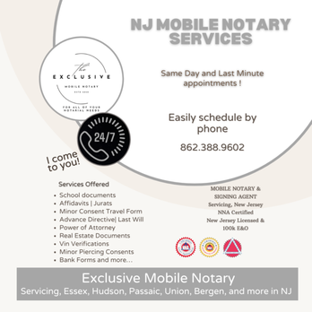 Exclusive Mobile Notary - Last-minute notary appointments available! I come to you! Certified through the NNA and background screened. - Notaries Near Me Exclusive Mobile Notary - Last-minute notary appointments available! I come to you! Certified through the NNA and background screened. - Notaries Near Me