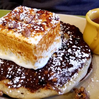 Snooze, an A.M. Eatery - Special - Chocolate Chip Pancakes, with Walnuts, topped with a Marshmallow and mexican chocolate 'syrup' - Breakfast & Brunch Near Me - Westminster, Colorado