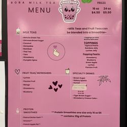 Boba Tea Menu