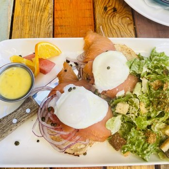 Cups Cafe - Lox Benedict with Cesar salad - Breakfast & Brunch Near Me - Palm Desert, California Cups Cafe - Lox Benedict with Cesar salad - Breakfast & Brunch Near Me - Palm Desert, California