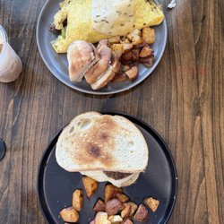 BYO breakfast sandwich w/ sausage, egg, & cheese w/ potato, and a meat omelette with steak