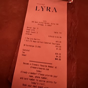 LÝRA - Gotta love the '3% surcharge' just cause. Paying is not the issue, but that's just tacky. - Greek Near Me - Chicago, Illinois