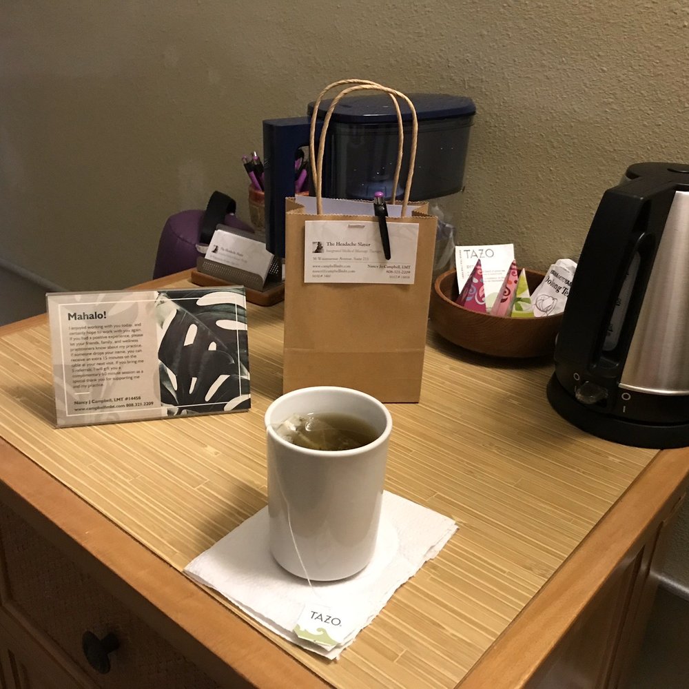 Nancy Jo Campbell, LMT - Hot herbal tea and a little gift bag greet you! - Massage Therapy Near Me - Hilo, Hawaii Nancy Jo Campbell, LMT - Hot herbal tea and a little gift bag greet you! - Massage Therapy Near Me - Hilo, Hawaii