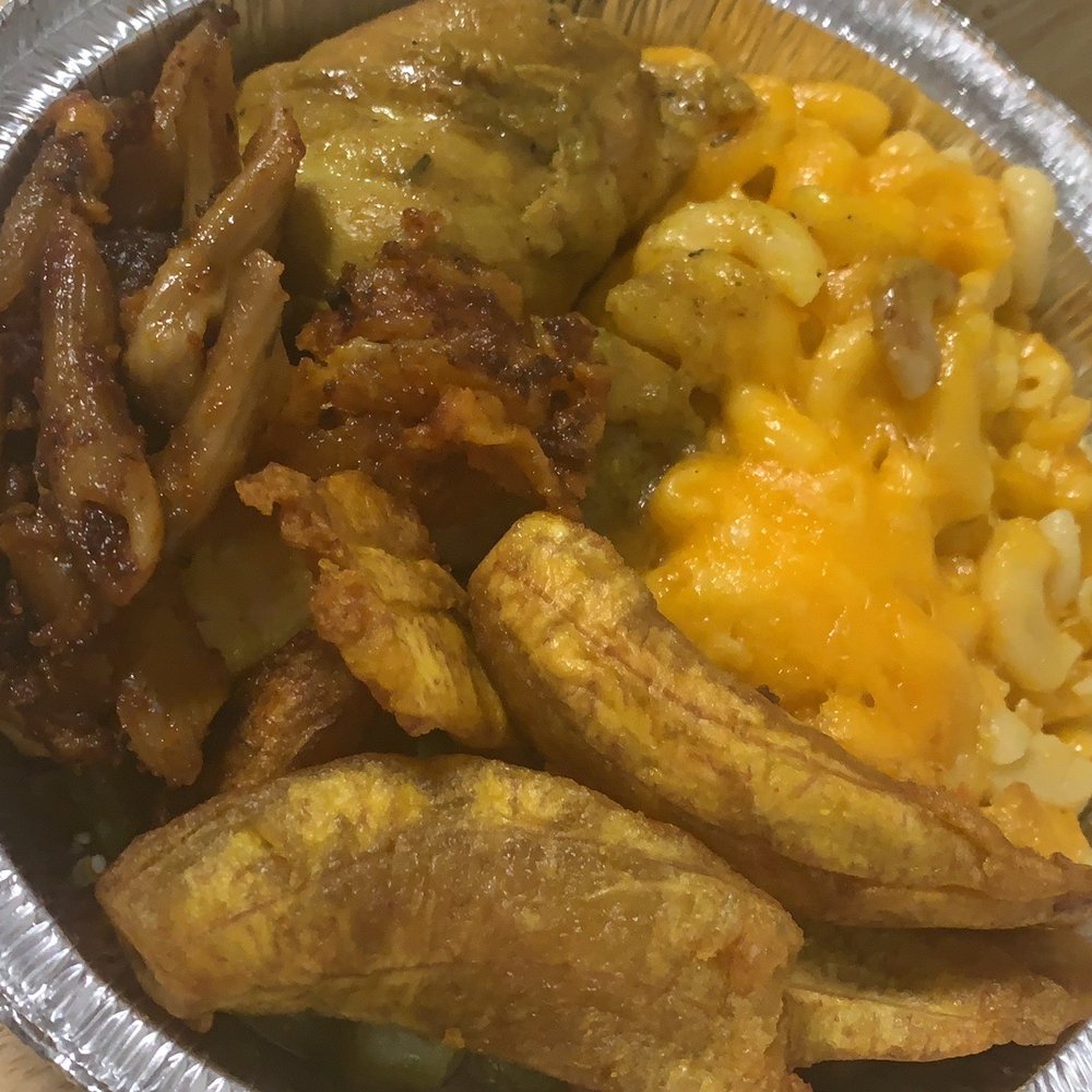 Plantains, Mac and cheese, curry chicken. Plantains, Mac and cheese, curry chicken.