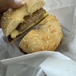 House of Bagels - Onion bagel turkey sausage eggs and cheese