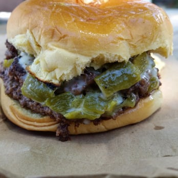 Shake Foundation - Double Foundation Burger.  $7.00.  Good bun, cheese, and chiles.  Meat was just alright..greasy and a tad oily tasting. - Burgers Near Me - Santa Fe, New Mexico