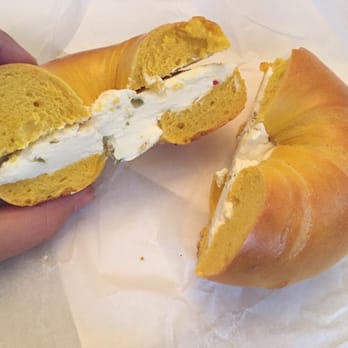 Bob's Bagels - Egg bagel with olive cream cheese... So much cream cheese! - Bagels Near Me - Lyndhurst, New Jersey