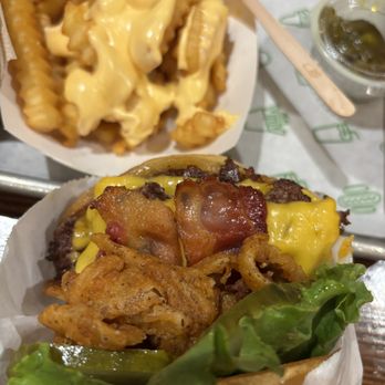 Shake Shack Downtown Houston - Bacon Cheeseburger (added lettuce and onions); Cheese Fries - Fast Food Near Me - Houston, Texas Shake Shack Downtown Houston - Bacon Cheeseburger (added lettuce and onions); Cheese Fries - Fast Food Near Me - Houston, Texas