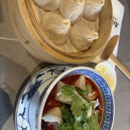 Pork soup dumpling and spicy pork and veggie wontons