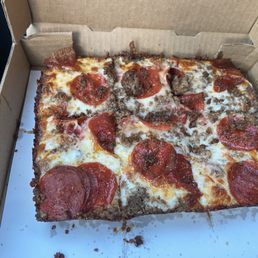 Small square pepperoni and ground beef