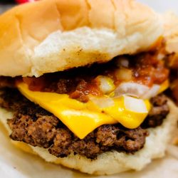 Brighton Hot Dog Shoppe - Chili Cheeseburger with onions and mustard