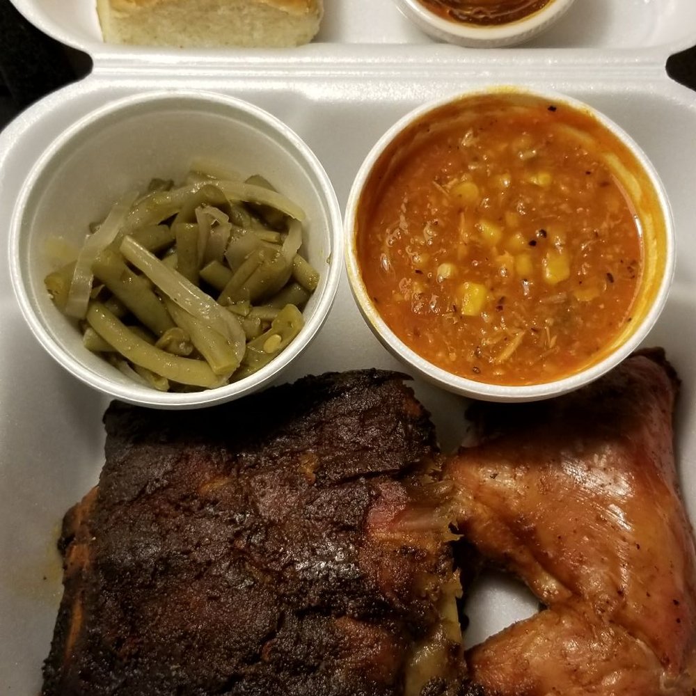 This is the chicken and 1/4 rib plate with beans and stew as my sides.