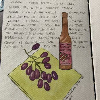 Black Mesa Winery - My sketch of a bottle of Black Mesa cider being enjoyed with some grapes. - Wineries Near Me - Velarde, New Mexico