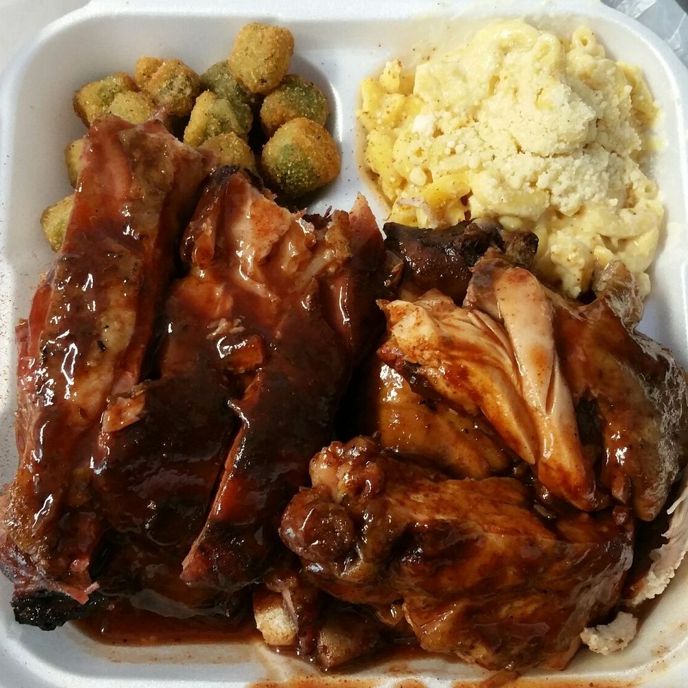 Curbside BBQ & Seafood - BBQ Ribs and Chicken combo with fried okra and mac and cheese - Seafood Near Me - Tallahassee, Florida Curbside BBQ & Seafood - BBQ Ribs and Chicken combo with fried okra and mac and cheese - Seafood Near Me - Tallahassee, Florida