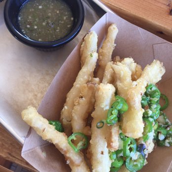 Grains - Mushroom calamari. Spicy verde sauce that at first seems like an odd pairing, is addicting. - Vegan Near Me - San Diego, California