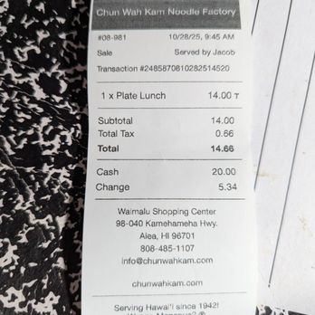 Chun Wah Kam - Don't know if they charge additional process fee if paying by card, as each were asked if they were going to pay by cash or card.. 10.25.25 - Chinese Near Me - Aiea, Hawaii Chun Wah Kam - Don't know if they charge additional process fee if paying by card, as each were asked if they were going to pay by cash or card.. 10.25.25 - Chinese Near Me - Aiea, Hawaii