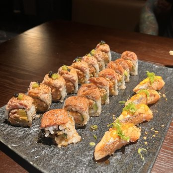 Ginza - From Left to Right - Toro Roll (my favorite), West World Roll (my husband's favorite), and Seared Salmon Belly Nigiri (a must try!) - Izakaya Near Me - Las Vegas, Nevada