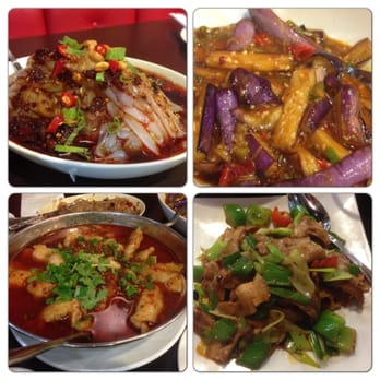 Chengdu Taste - From left to right, mung bean noodles, eggplants Yu Shang style. Bottom, boiled fish filet, twice cooked pork belly - Szechuan Near Me - Alhambra, California