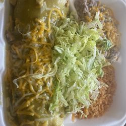 Taco Express - Green chili smothered Colorado burrito with beans and rice