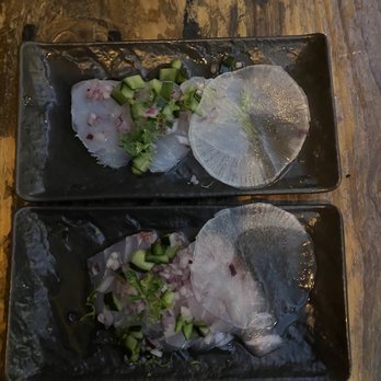 Brugarol Barcelona - Corvina sashimi w/seaweed emulsion, red onion, daikon radish, cucumber, garlic & lime - International Near Me - Barcelona, B